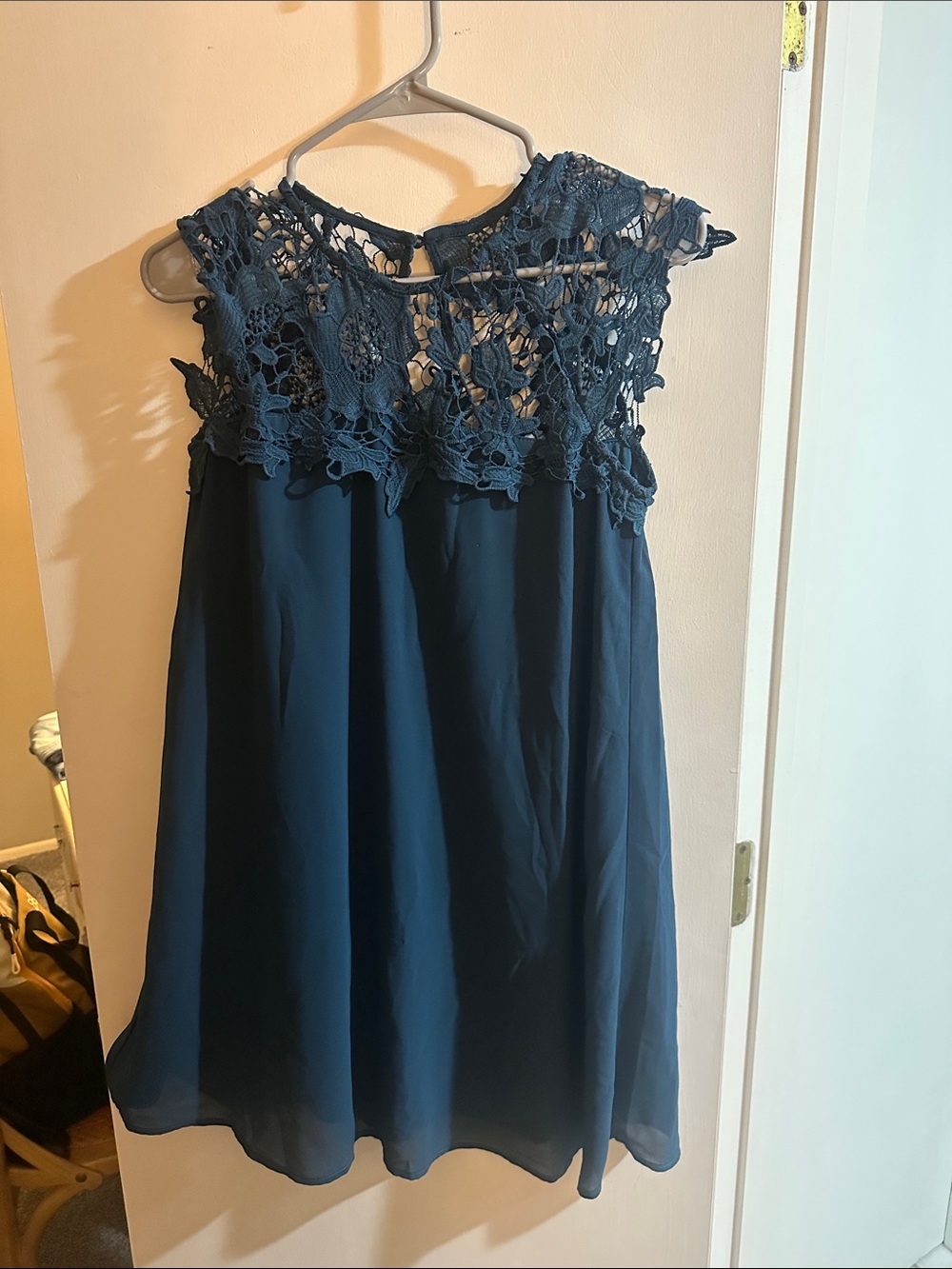 She + Sky Navy Blue Lace Yoke Mini Dress